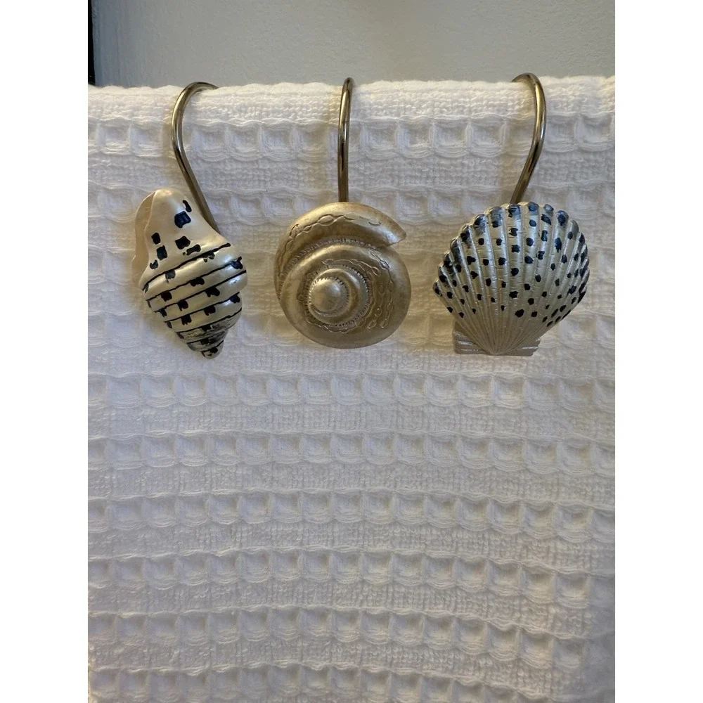 Vtg Seashell Shower Curtain Hooks Beach Nautical Bathroom Décor Resin 12 pc NWOT